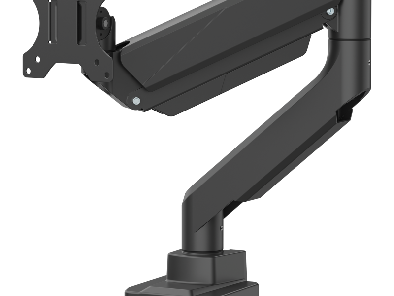 Zwart monitorarm frame met een kleine c-beugel onder bij de klem, uitgerust met een vierkante VESA-plaat