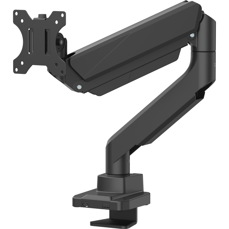 Zwart monitorarm frame met een kleine c-beugel onder bij de klem, uitgerust met een vierkante VESA-plaat