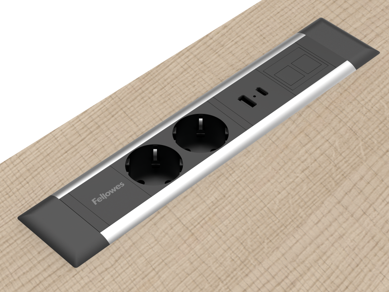 Lange rechthoekige Desk Insert die vlak in bureaus en andere meubels past. De unit heeft twee 230V poorten, een USB-poort en een modulaire keystone poort. De behuizing is zwart met een zilveren rand. 