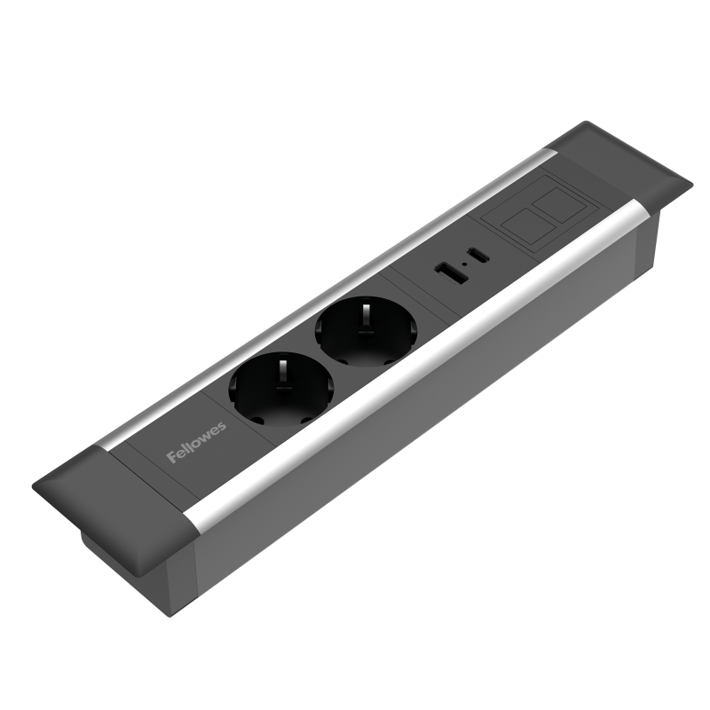 Lange rechthoekige Desk Insert die vlak in bureaus en andere meubels past. De unit heeft twee 230V poorten, een USB-poort en een modulaire keystone poort. De behuizing is zwart met een zilveren rand.