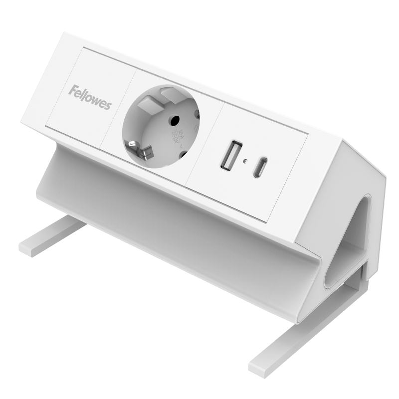 Witte stroomunit opgebouwd op bureaublad, met een stroompunt en een USB-A/C laadpoort