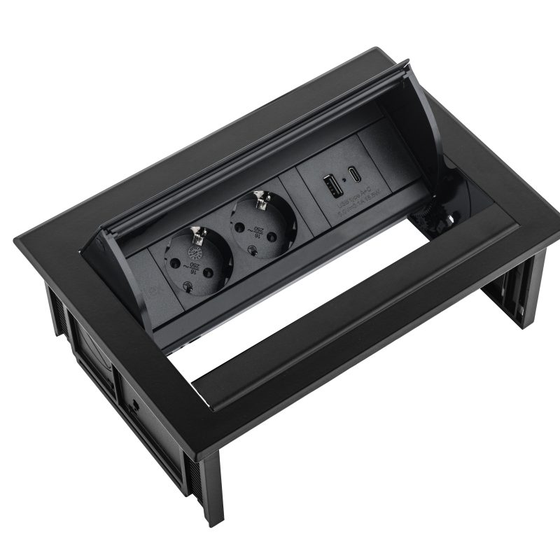 Power Desk In - 2x 230V + 1x USB A+C Charge (5.0V - 3.1A - 15.5W) - Zwart