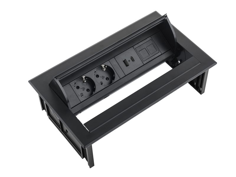 Power Desk In - 2x 230V + 1x USB A+C Charge (5.0V - 3.1A - 15.5W) + 1x Keystone - Black