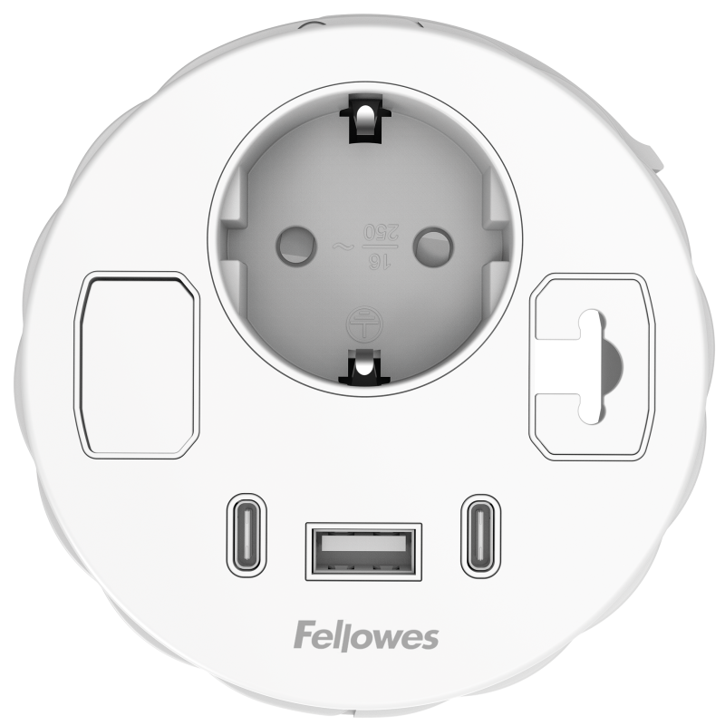 Witte cirkel met een stopcontact, twee USB-C poorten en een USB-A poort.
