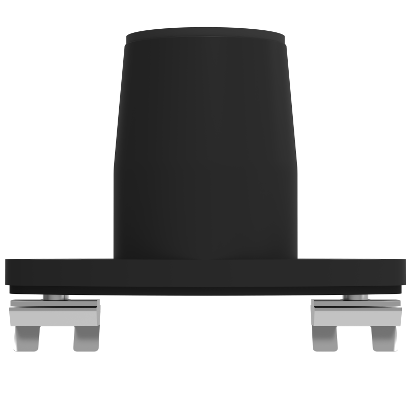 Zwarte Galaxy systeemrailbevestiging voor monitorarmen, ontworpen voor veilige installatie op systeemrailbureaus.