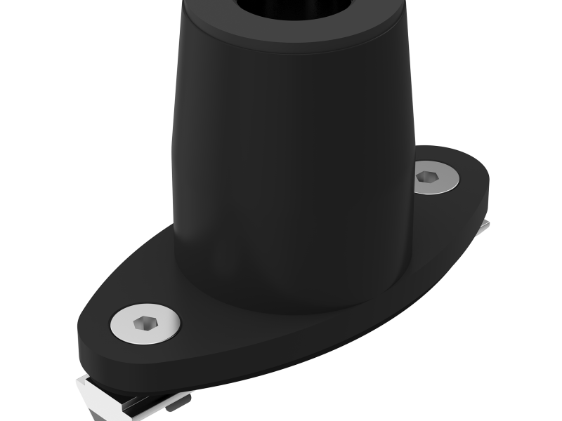 Zwarte Galaxy systeemrailbevestiging voor monitorarmen, ontworpen voor veilige installatie op systeemrailbureaus.