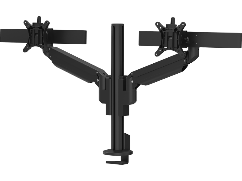 Zwarte Galaxy 2MS Dual Monitor Arm met bovenbevestiging, ontworpen voor installaties met twee schermen met perfecte uitlijning.
