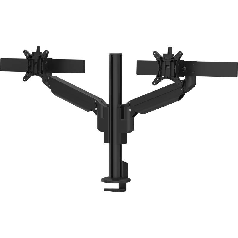 Zwarte Galaxy 2MS Dual Monitor Arm met bovenbevestiging, ontworpen voor installaties met twee schermen met perfecte uitlijning.