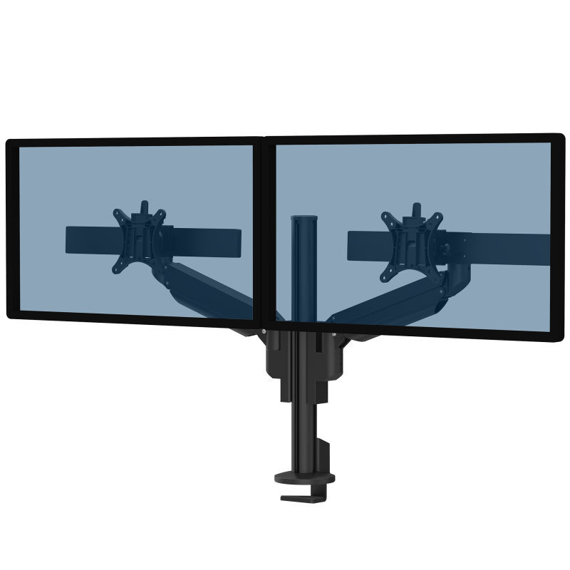Zwarte Galaxy 2MS Dual Monitor Arm met bovenbevestiging, ontworpen voor installaties met twee schermen met perfecte uitlijning.