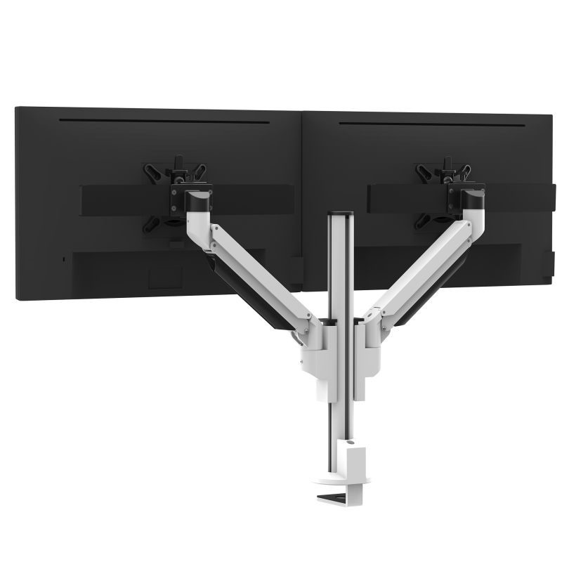 Witte Galaxy 2MS Dual Monitor Arm met bovenbevestiging, ontworpen voor installaties met twee schermen met perfecte uitlijning.