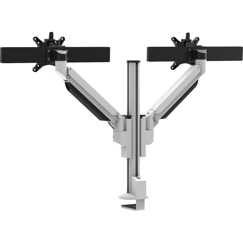 Witte Galaxy 2MS Dual Monitor Arm met bovenbevestiging, ontworpen voor installaties met twee schermen met perfecte uitlijning.