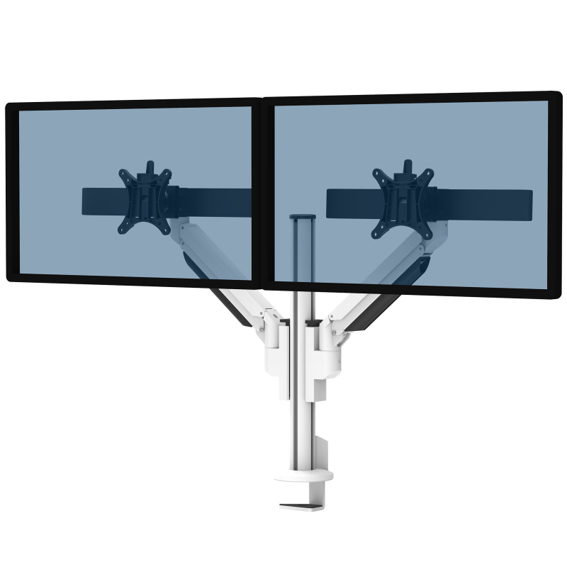 Witte Galaxy 2MS Dual Monitor Arm met bovenbevestiging, ontworpen voor installaties met twee schermen met perfecte uitlijning.