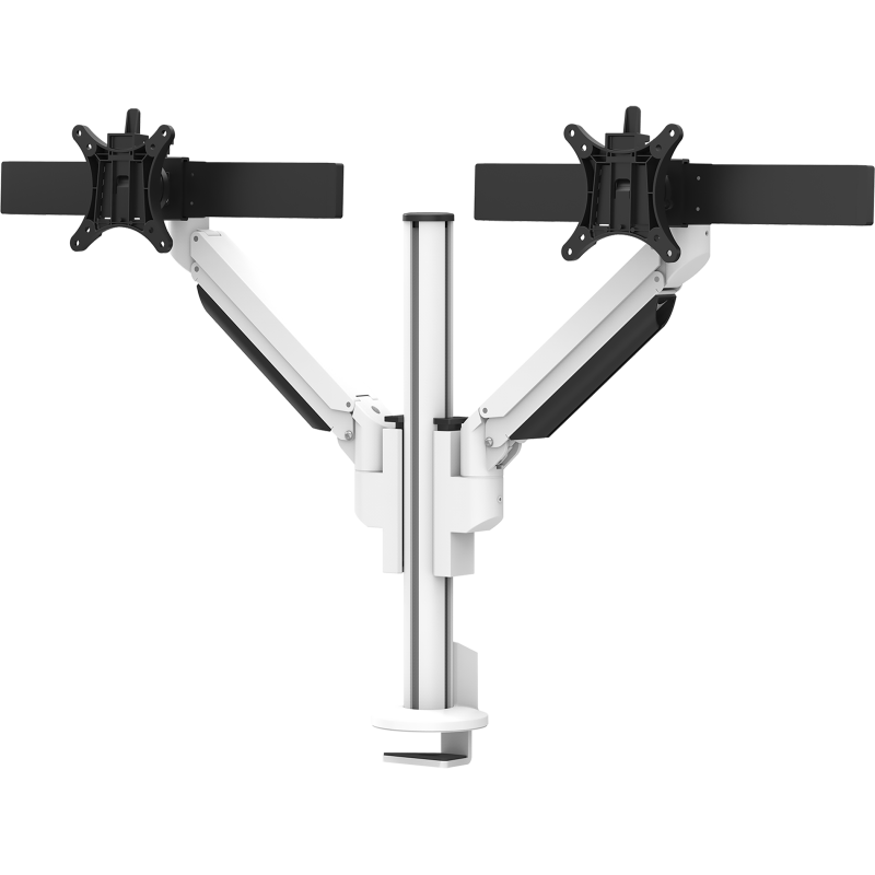 Witte Galaxy 2MS Dual Monitor Arm met bovenbevestiging, ontworpen voor installaties met twee schermen met perfecte uitlijning.