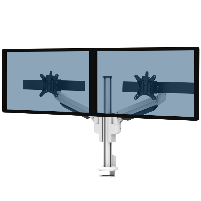 Witte Galaxy 2MS Dual Monitor Arm met bovenbevestiging, ontworpen voor installaties met twee schermen met perfecte uitlijning.