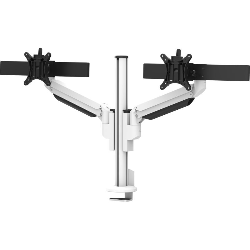 Witte Galaxy 2MS Dual Monitor Arm met bovenbevestiging, ontworpen voor installaties met twee schermen met perfecte uitlijning.