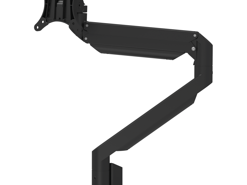 Zwarte Galaxy Single Monitor Arm met bovenbevestiging voor ergonomische en flexibele schermpositionering.