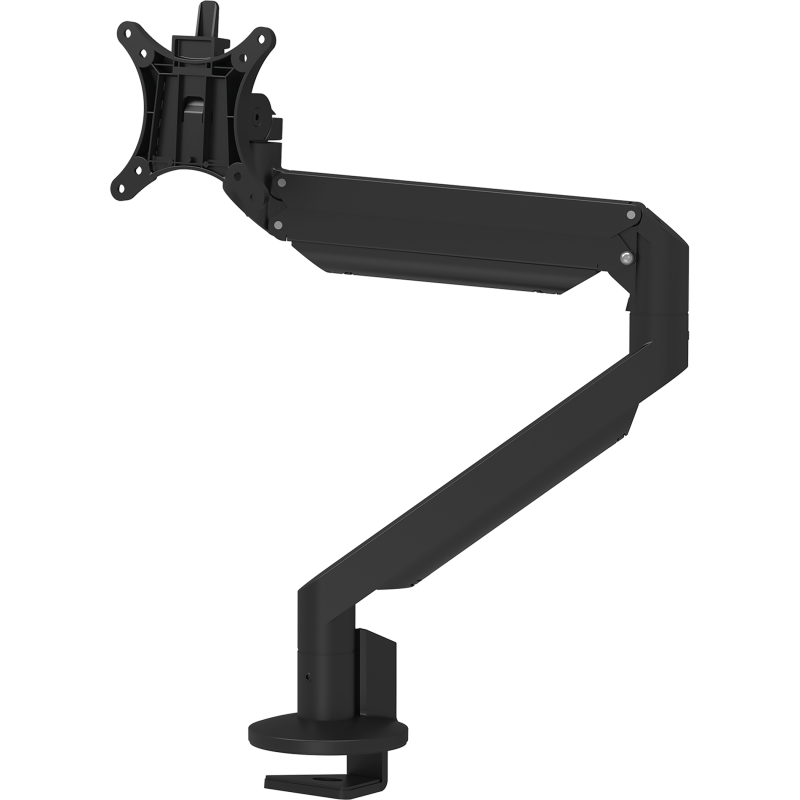 Zwarte Galaxy Single Monitor Arm met bovenbevestiging voor ergonomische en flexibele schermpositionering.