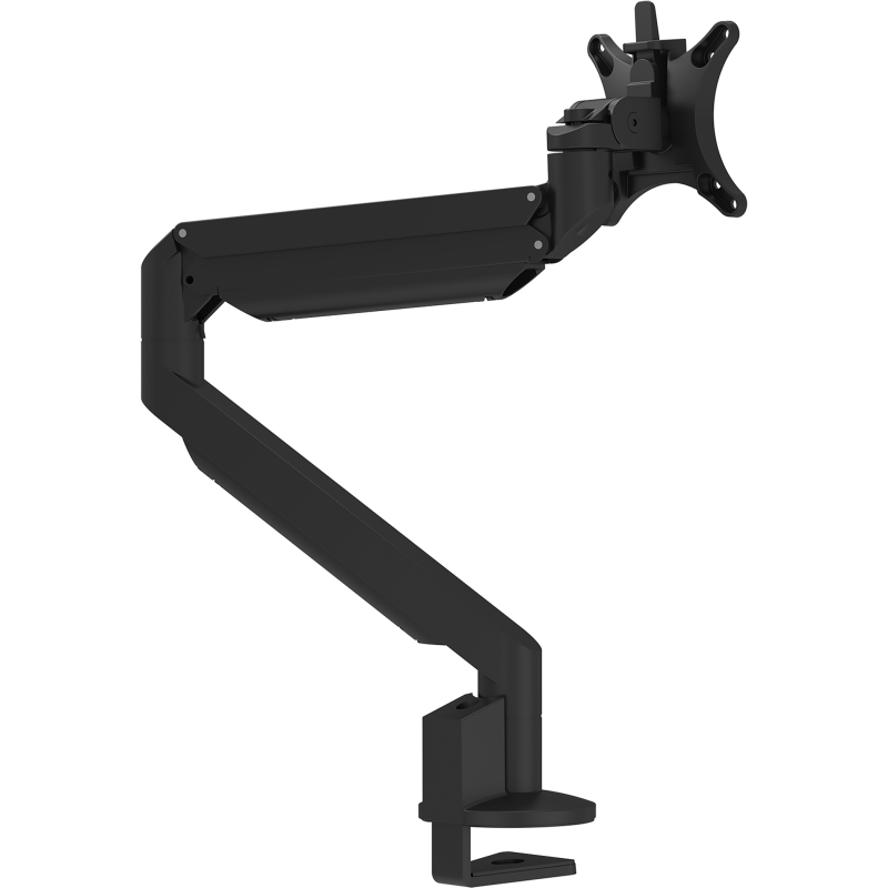 Zwarte Galaxy Single Monitor Arm met bovenbevestiging voor ergonomische en flexibele schermpositionering.