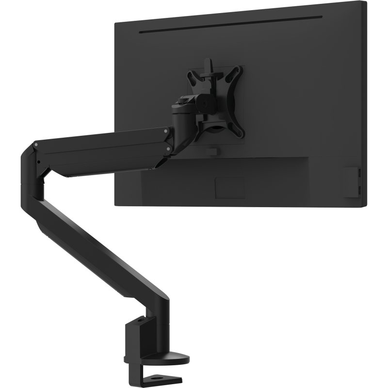 Zwarte Galaxy Single Monitor Arm met bovenbevestiging voor ergonomische en flexibele schermpositionering.