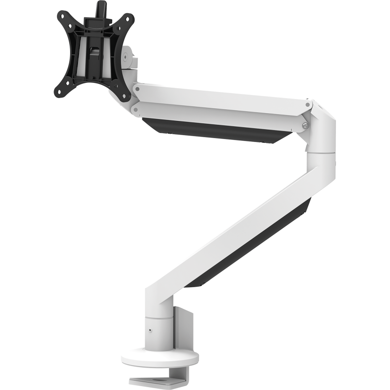 Witte Galaxy Single Monitor Arm met bovenbevestiging voor ergonomische en flexibele schermpositionering.