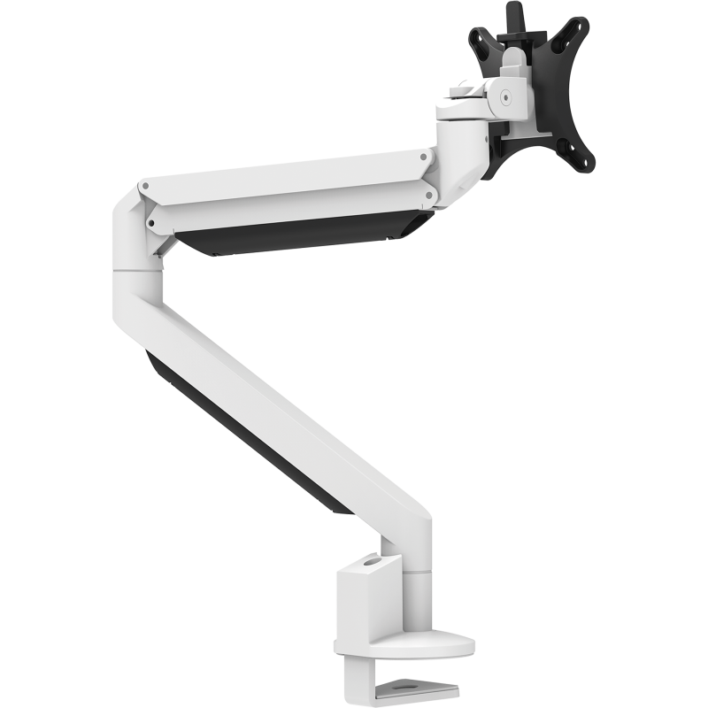 Witte Galaxy Single Monitor Arm met bovenbevestiging voor ergonomische en flexibele schermpositionering.