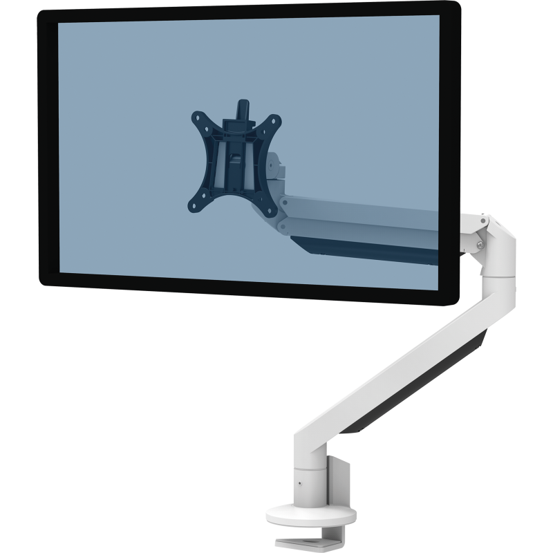 Witte Galaxy Single Monitor Arm met bovenbevestiging voor ergonomische en flexibele schermpositionering.