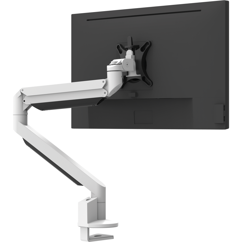 Witte Galaxy Single Monitor Arm met bovenbevestiging voor ergonomische en flexibele schermpositionering.