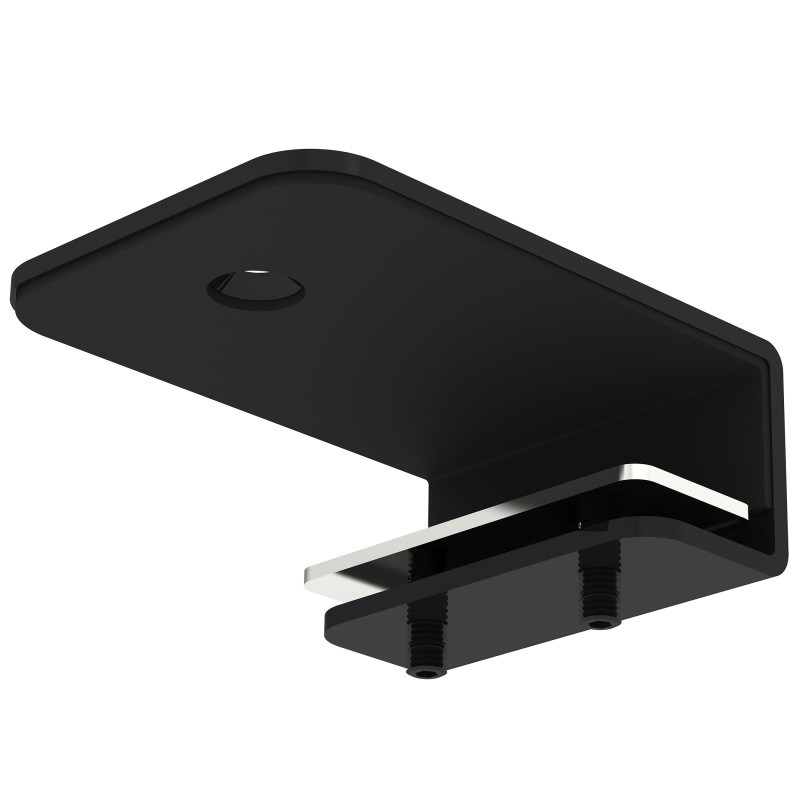 Zwarte Galaxy Extended C-Clamp voor het veilig bevestigen van monitorarmen op bureaus met akoestische panelen.