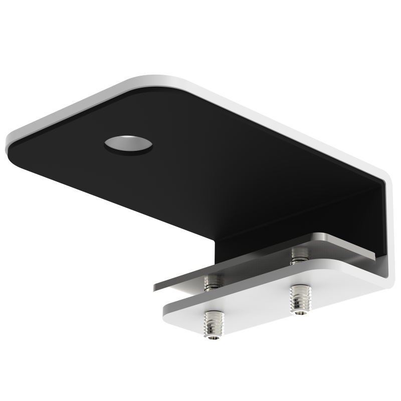 Witte Galaxy Extended C-Clamp voor het veilig bevestigen van monitorarmen op bureaus met akoestische panelen.