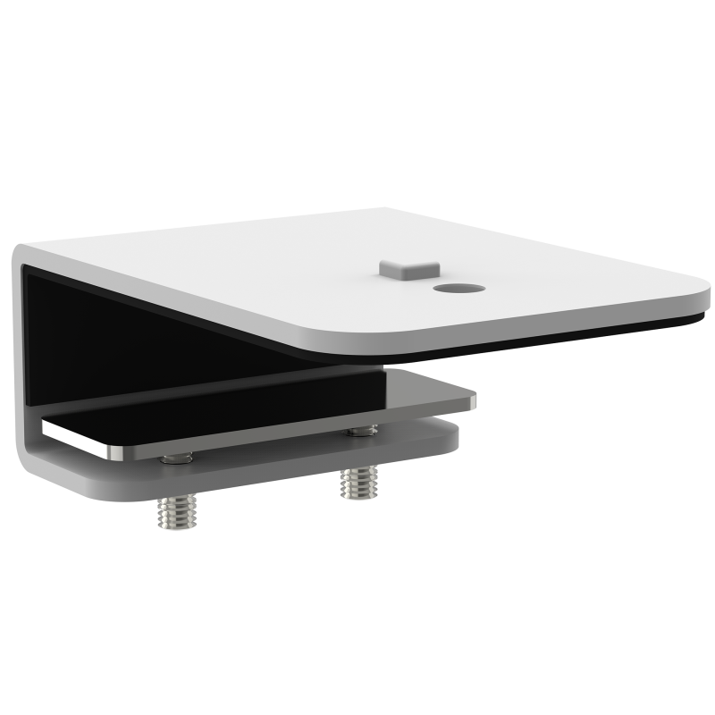 Witte Galaxy Extended C-Clamp voor het veilig bevestigen van monitorarmen op bureaus met akoestische panelen.