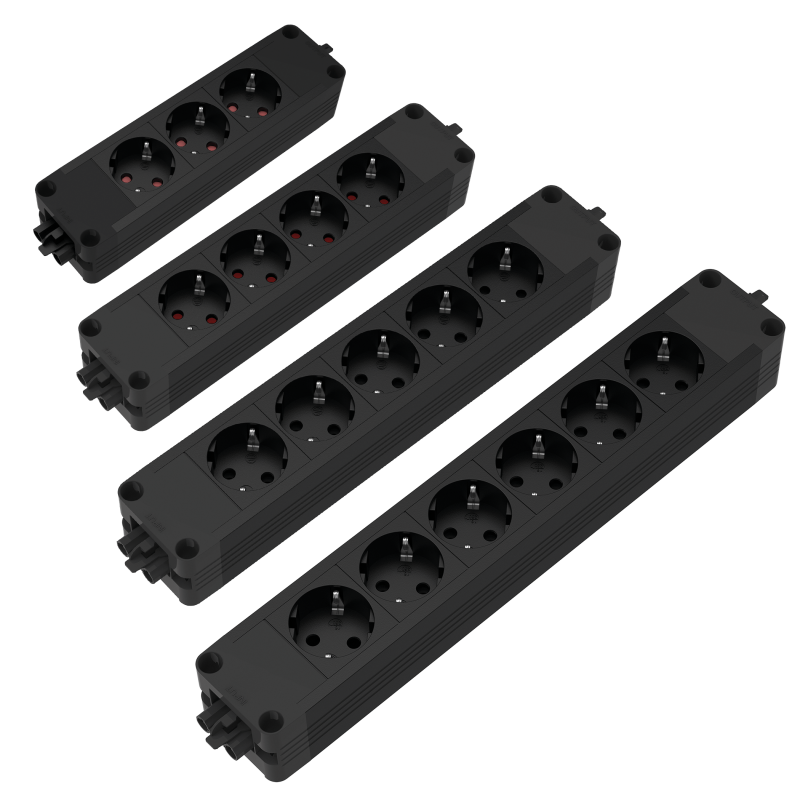 Power Block 2.0 overzicht van vier verschillende maten, met zowel 3, 4, 5 als 6 stopcontacten.